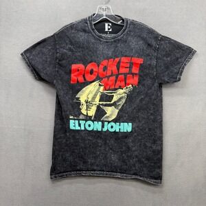 Elton John Rocket Man Graphic T-Shirt Small Faded Black Acid Wash 2020 Music Tee